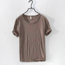 Retro Raw Edge Cotton T-Shirt for Men, Slim-fit, Breathable, CasualcoffeeXXXL