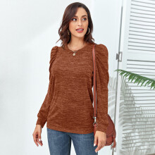 Lässiger Damen Rust-Longsleeve Rundhalsausschnitt Pullover lockere Passform Puffärmel-Top S
