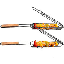 Non-Stick Grilling Basket Set, Great For Camping With Heat Resistant Wooden Handles For Safe Outdoor Cooking