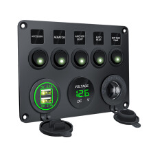 Netzschalterfeld – 5 Schalter, Voltmeter, 2 USB-Steckdosen Black+Green