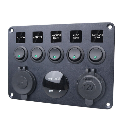 Netzschalterfeld – 5 Schalter, Voltmeter, 2 USB-Steckdosen Black+Green 1