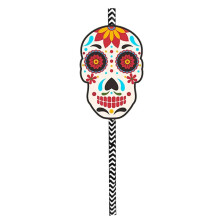 Halloween Paper Straw 24PCS For Day Of The Dead Party Supplies, Sugar Skull Charms Striped Straws Drinks Beverage