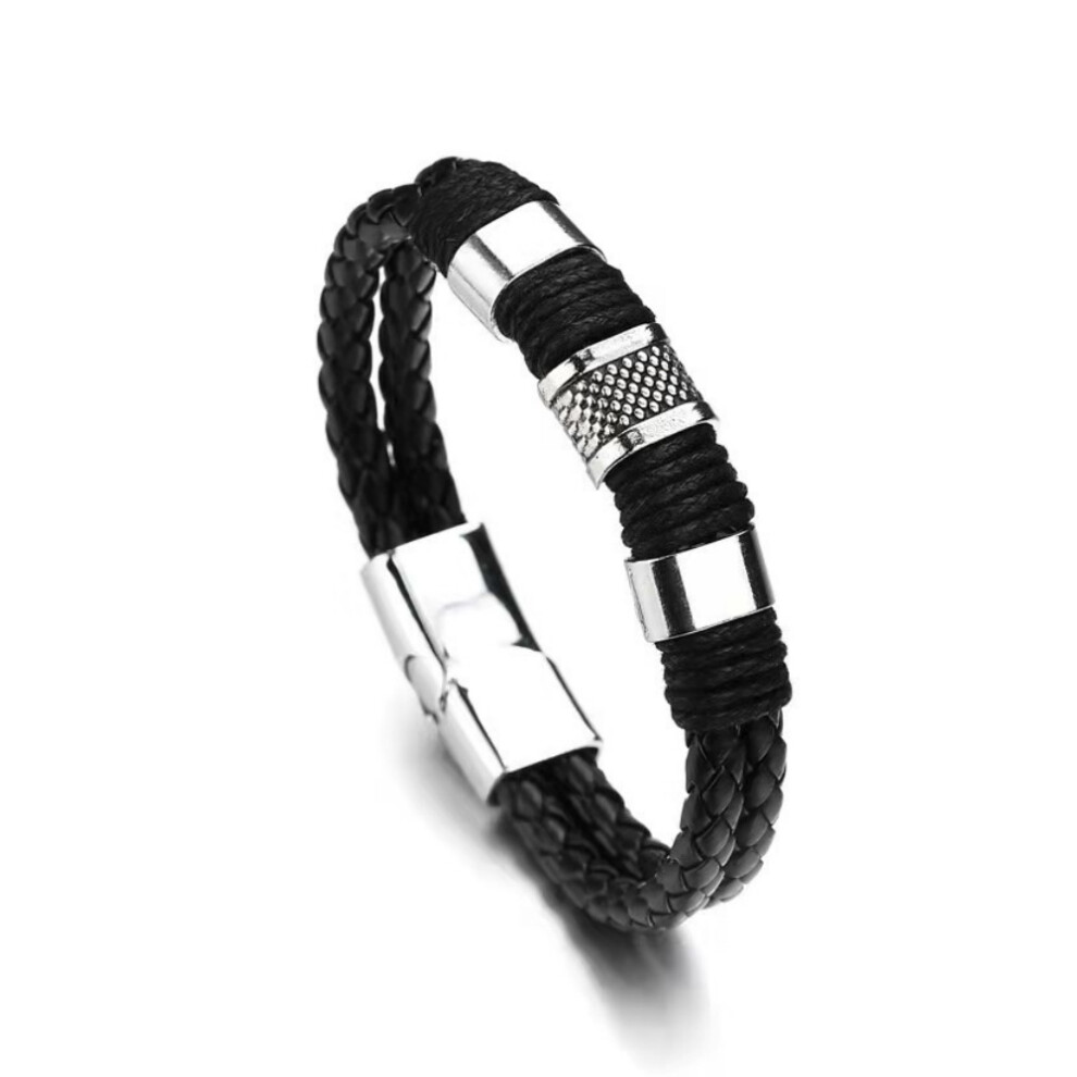 Men's Leather Bracelet, Handmade Double Layer Braided Genuine Leather with Polished Stainless Steel Closure, Premium Comfort-Fit Jewelry for