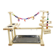Wooden Parrot Playstand Perch Gym with Feeder Cups Toys W/Tray Cockati