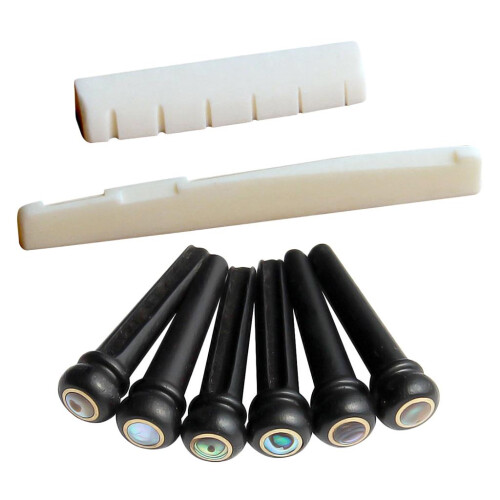 Ebony Bridge Pins+ Bone Slotted Saddle Nut Set for Acoustic Guitar Par 2