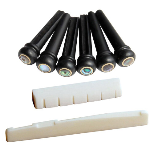 Ebony Bridge Pins+ Bone Slotted Saddle Nut Set for Acoustic Guitar Par 1