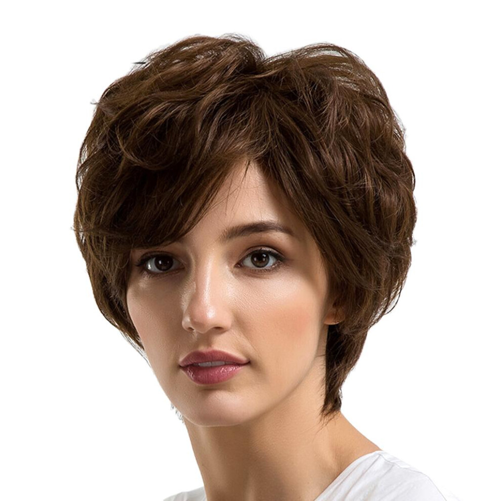 Unisex Brown 10In Short Curly Layered Human Hair Wigs With Cap Inclined Bang