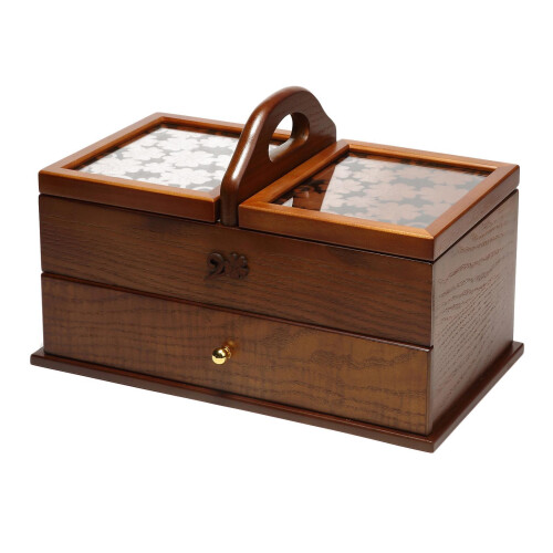 Sewing Basket Wood Cantilever Sew Kit Boxes Storage Organizer Case Tab