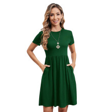 With Pockets Casual Sundress, Flowy Loose Fit Short Sleeve Dress with Elastic Waistband, Women's Pleated V-Neck A-Line Midi Dress, Flared Skirt