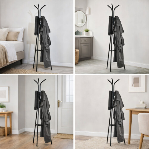 Matt Black Coat Rack Stand 180cm Freestanding Metal Hall Tree 6 Hooks Hat Jacket 1