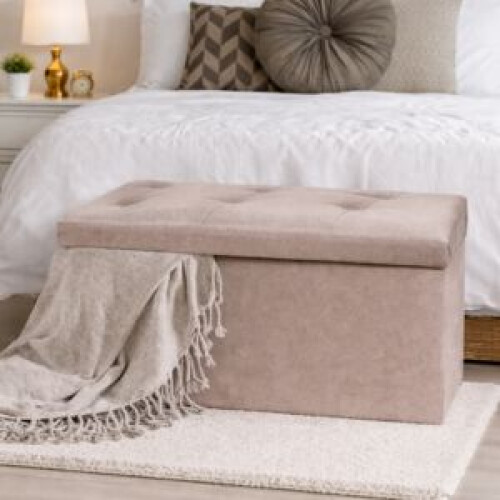Beige Large Foldable Storage Bench Ottoman Padded Seat 1
