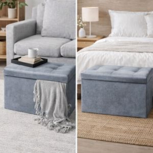 Dark Grey Large Foldable Storage Bench OttomanPadded Seat 2