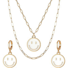 (As show, yellow) QQDD Smiley Face Necklace and Earrings Set, 14K Gold Multi layer Paperclip Chain Preppy
