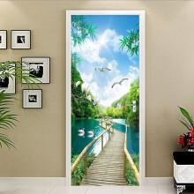 3D Door Mural Wooden Bridge River Water Sky Office Art Door Stickers for Interior