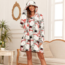 Women's Cozy Flannel Wearable Blanket Hoodie with snowman Pattern, Soft Machine-Washable Sweatshirt for Lounge, Outdoor