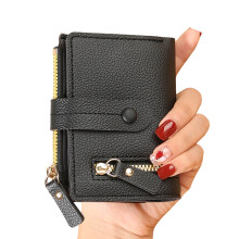 Women's Compact PU Wallet 10 Card Slots Coin Pocket-Black