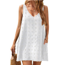 Elegante abito estivo casual da donna, abito senza maniche con scollo a V e tasche, tessuto leggero e traspirante, ideale come copricostume da
