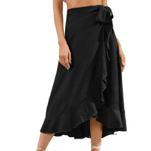 Saia feminina ajustável com amarração na cintura e barra com babados, saia fluida de cintura alta com design transpassado e babados, saia boho