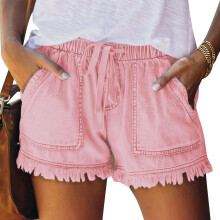 Pantaloncini estivi da donna a vestibilità ampia, lavabili in lavatrice, gamba larga, stile casual, con orlo a nappina, in denim leggero,