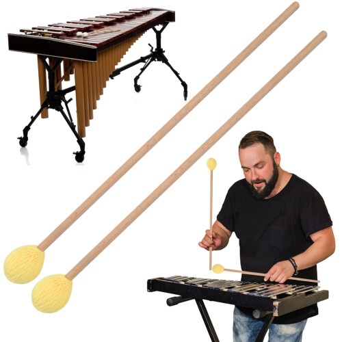 1 Pair Yellow Marimba Mallets Maple Handles Medium Hard Yarn