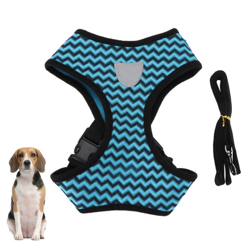 Adjustable Pet Harness with Reflective Strips & Leash Blue M Size