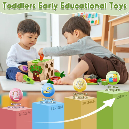 Montessori Wooden Toys For Early Development, Activity Cube With Shape Sorting & Stacking Blocks, Educational Learning Tools Safe For Babies, 5 2