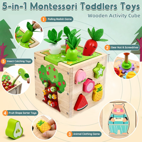 Montessori Wooden Toys For Early Development, Activity Cube With Shape Sorting & Stacking Blocks, Educational Learning Tools Safe For Babies, 5 1