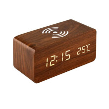 Elegante Holzuhr, Wecker mit Temperaturanzeige, Digitaluhr für ruhige Nächte, Qi-Wireless-Ladefunktion für Ihren Komfort, Helligkeit