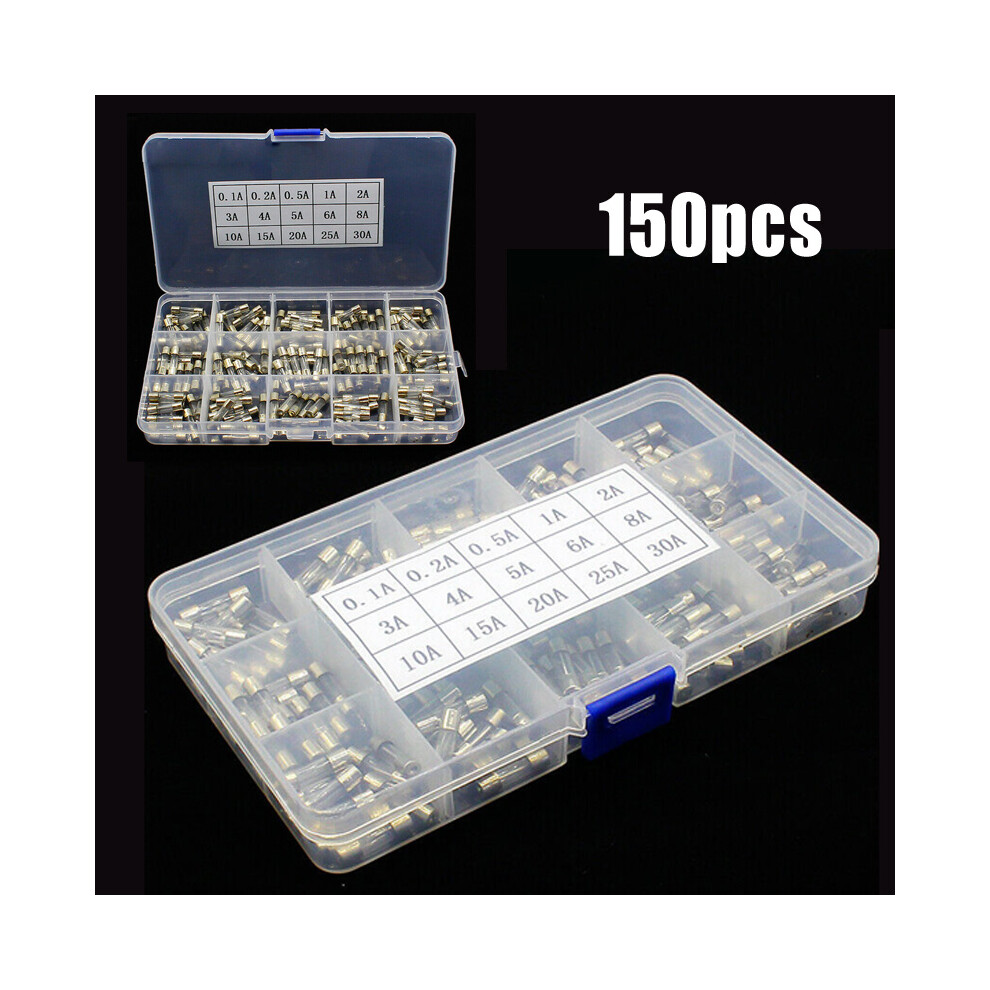 150Pcs Glass Tube Fuses 250V 5X20mm Assorted Equipment Kit Quick Blow With Plastic Box 0.1A-30A Industrial 6935161561081