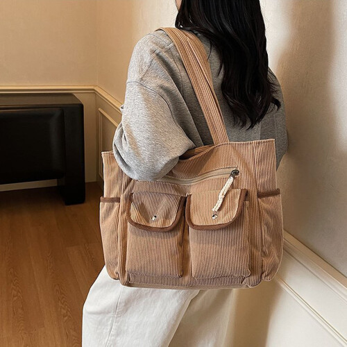 Soft Cordurody Shoulder Bag Large Capacity Handbag-Green 2