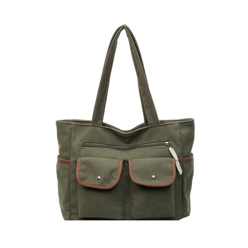 Soft Cordurody Shoulder Bag Large Capacity Handbag-Green