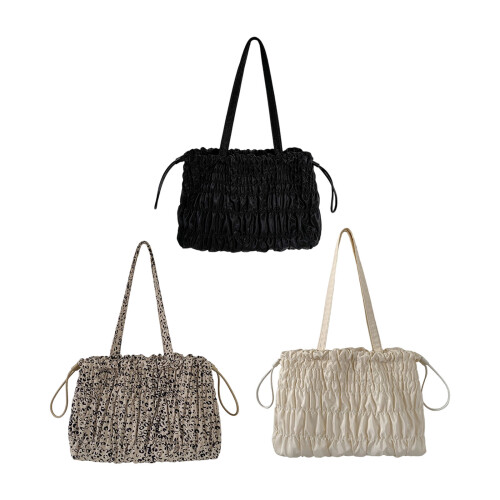 Work Toted Bag Snap Shoulder Bag Drawstring Pleated-Black 1