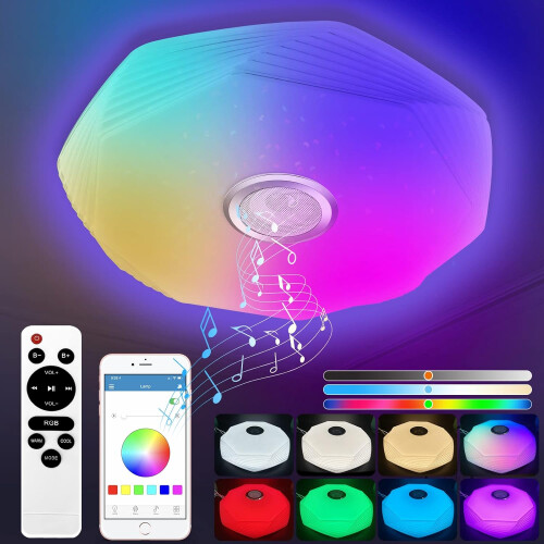 RGB LED Light, Bluetooth Speaker Dimmable Music Lamp, Smart Waterproof Ceiling Light For Bathroom, Shower (Timer Function, Eye Protection) 1