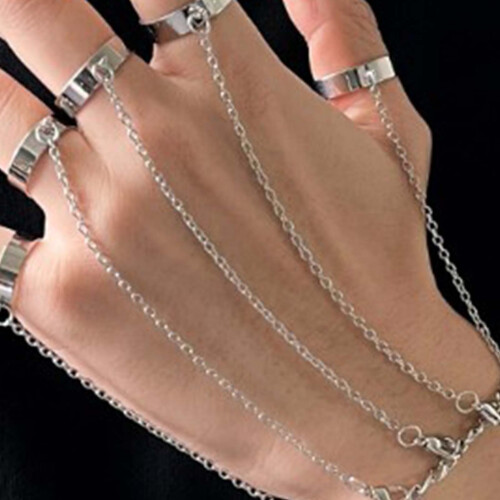 Gothic Silver Alloy Chain Finger Ring & Bracelet Set, Adjustable 2