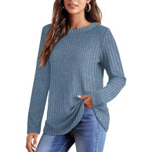 Blusa túnica de manga larga para mujer, suéter de cuello redondo transpirable de corte holgado, blusa informal ligera de color liso con dobladillo
