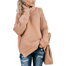 Oversized dametrøje, ribbede manchetter, lange ærmer, rullekrave, chunky strik, blød og strækbar sideslids, afslappet, elegant trøje, sænkede