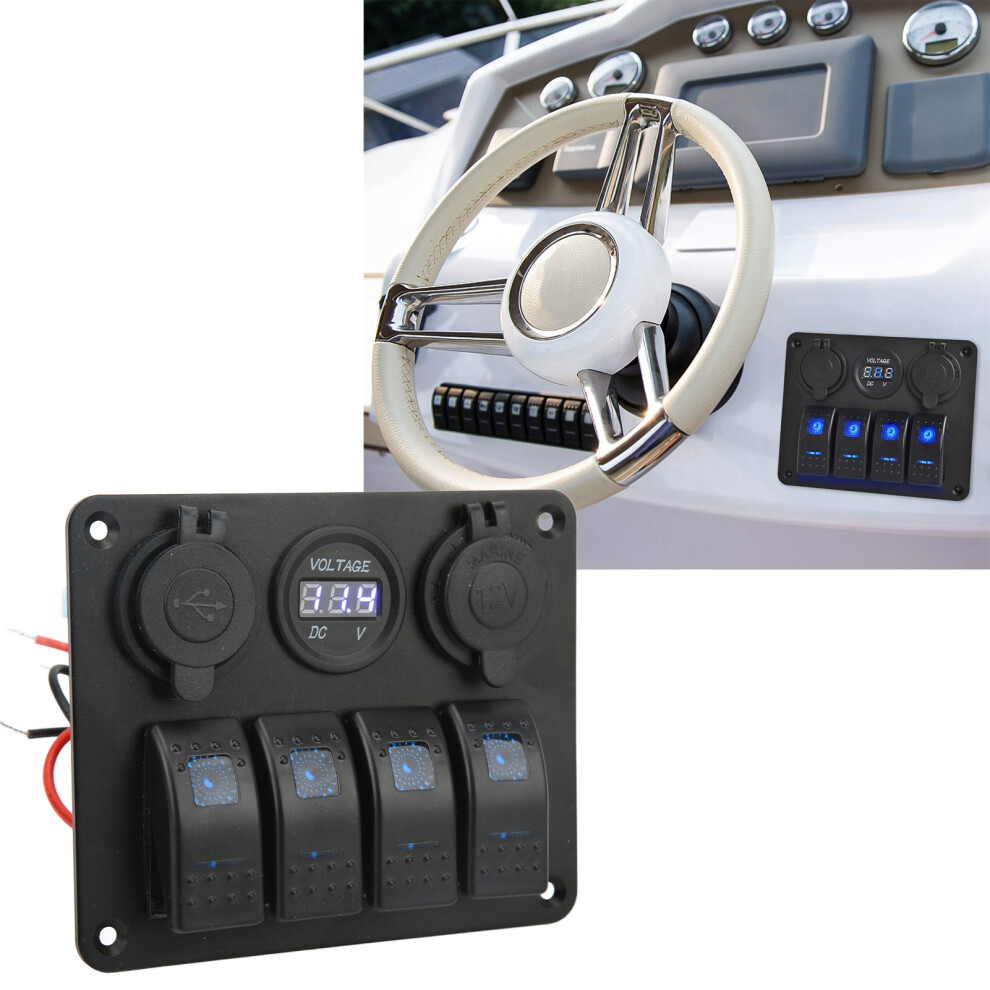 4 Gang Rocker Switch Panel With Usb & Cigarette Lighter For Rv Boat Yacht Bus 7891381237313