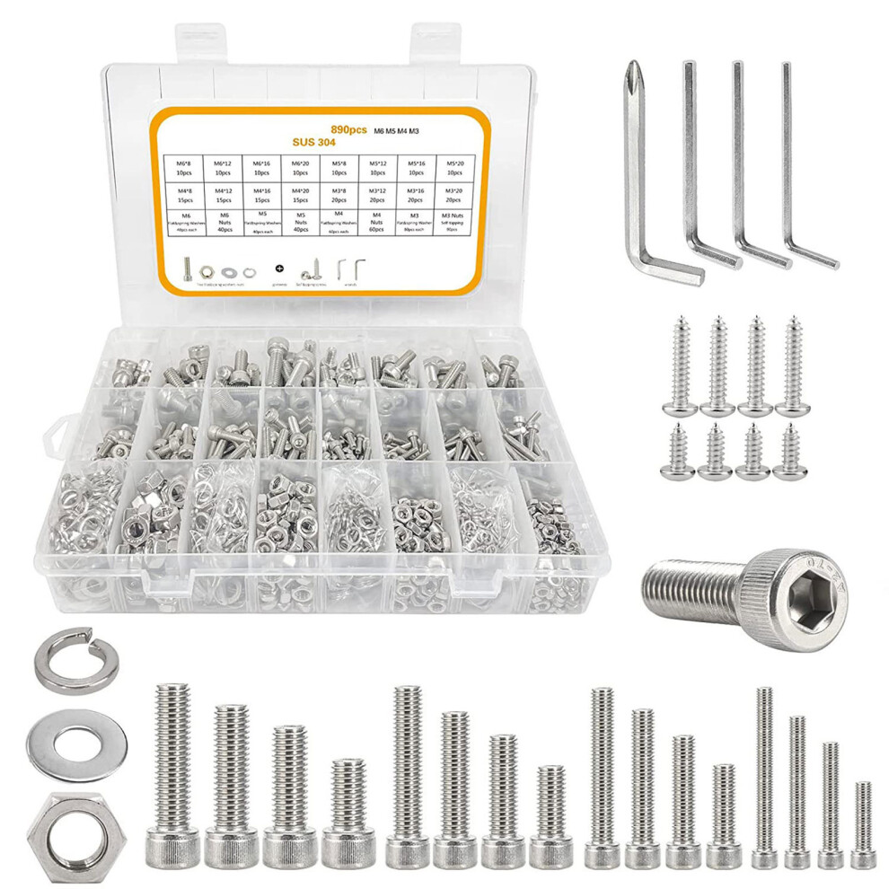 890Pcs Stainless Steel Metric Screw Assortment M2m3m4 Hex Socket 7732000571046