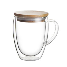 Shatterproof Glass Coffee Mug, Microwave Safe Double Walled Glass Cup with Bamboo Lid, Borosilicate Glass Tea Mug with Heat Resisting and Freezer