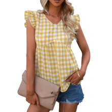Top de verano a cuadros para mujer, blusa con cuello en V, mangas cortas con volantes, estampado abstracto, fruncido, corte holgado, blusas de moda