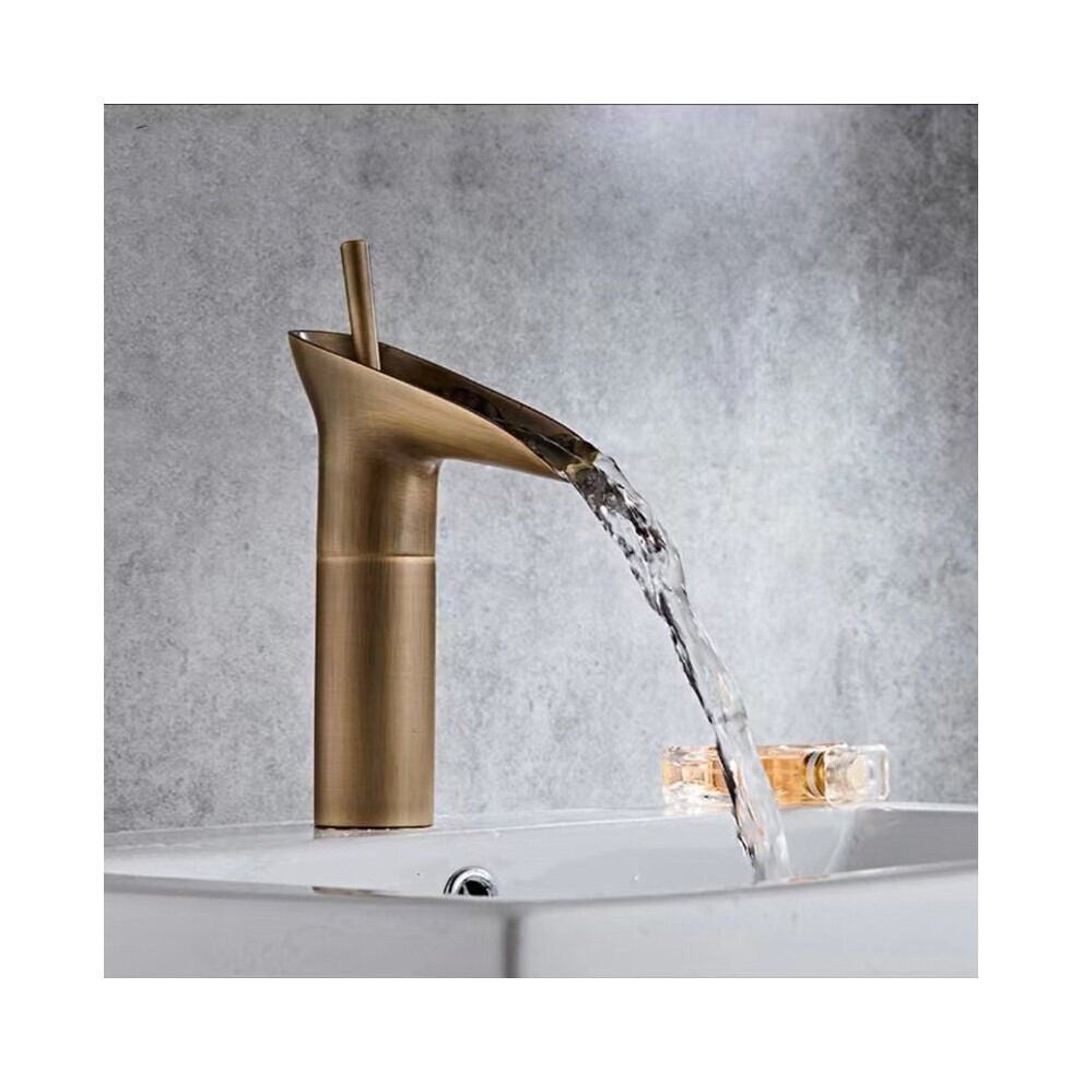 Antique Brass Finish Faucet, Solid Brass Construction For Bathroom Vanity, Easy Installation Vintage Waterfall Basin Tap, Contemporary Style With 9173940382756