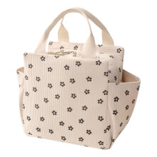 Premium Corduroy Lunch Bag With Wide Opening-Beige plum blossom