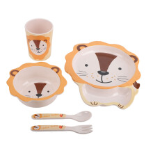 Cartoon Tableware Set for Kids, Bamboo Children Dishes with Animal Design Lightweight and Easy to Clean BPA Free Non Toxic Dinnerware for Everyday