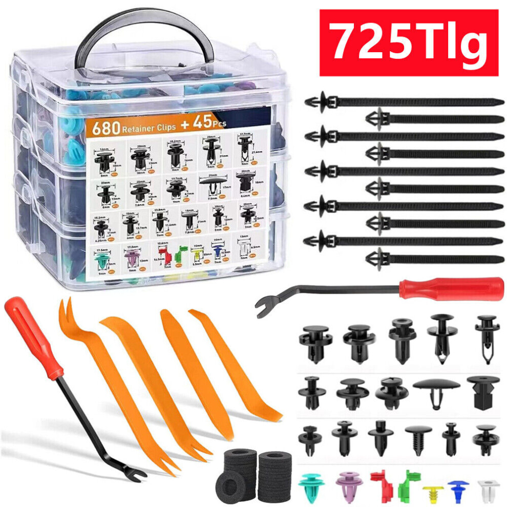 725-Piece Auto Fasteners Kit, Universal Fit Retainer Clips For Easy Handling In Various Vehicle Applications 9340258495854