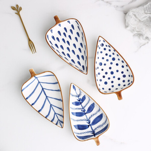 Hand-painted Leaf Shape Appetizer Plate for Entertaining, Food Serving Dish Ceramic Condiment Bowl with Stackable Design, Creative Design Easy to 2