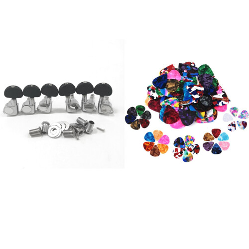 60Pcs Guitar Picks,0.46mm, 0.71mm, 0.96mm with 6Pcs Guitar String Tuning Key Pegs/Machine  Knobs for Left and Right