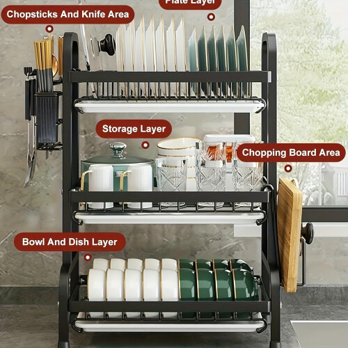 (Three-layer) A Large Three-Tier Kitchen Storage Rack - Efficient Drainage, Equipped with a Utensil Holder, Cutting Board Rack, And 1