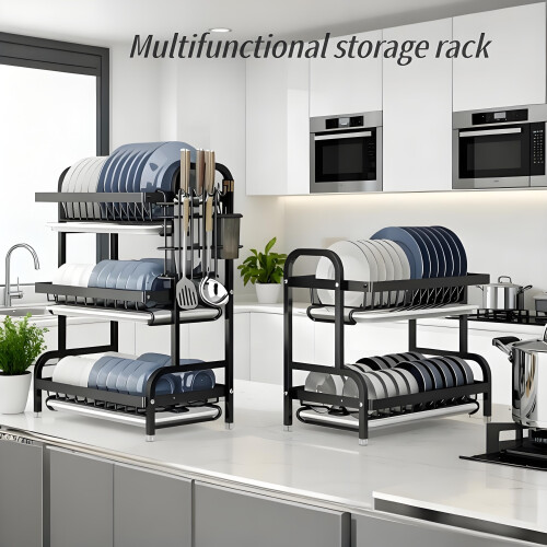 (Three-layer) A Large Three-Tier Kitchen Storage Rack - Efficient Drainage, Equipped with a Utensil Holder, Cutting Board Rack, And 2