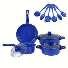 (Blue) Cast Iron Cookware Set with Lid and Spatula - Includes Soup Pot, Stew Pot, and Frying Pan - Durable Kitchen Essentials