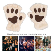 Versatile Beige Velvet Cat Paw Half Finger Gloves for Daily Use